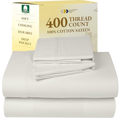 California Design Den King Bed Sheets Set - Soft 400 Thread Count Sateen, Natural 100% Cotton Sheets, Deep Pockets, All Around Elastic for a Snug Fit, Cool & Durable Bedding Set - Ivory (Pale Tone)