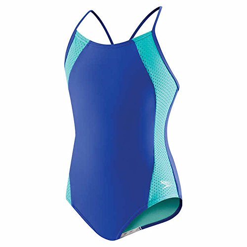 Speedo Girls Mesh Splice Crossback Swimsuit One Piece Dark Peri Blue Size 7