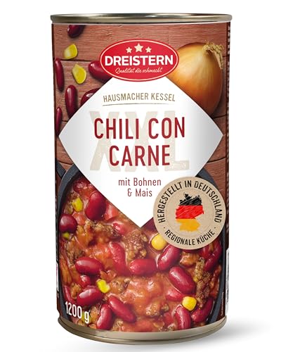 DREISTERN Chili con Carne 1200g I Mit Schweinefleisch & Gemüse I XXL Pikanter Eintopf in recyclebarer Konservendose I Lange Haltbarkeit dank natürlicher Konservierung I Hausmacher Qualität