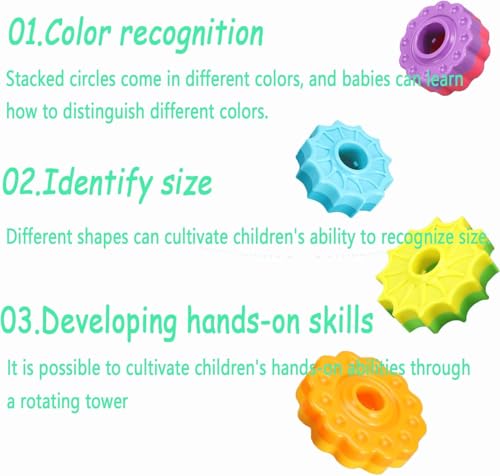 Image of Spinning Tower Stacking Toy, Rainbow Educational Rings, Montessori Sensory Learning Toy for Toddlers 1-3 Years