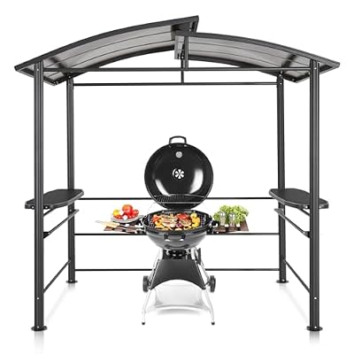 EAGLE PEAK 8x5 ft Grill Gazebo, Steel Frame Outdoor BBQ Cover, Double-Tier Polycarbonate Barbecue Canopy with Shelves