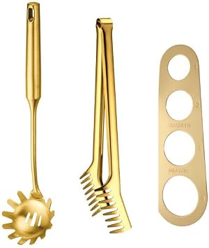 Spaghetti Server Spoon with Teeth Noodle Claw Server 12" Spaghetti Tong with Measuring Tool - Gold