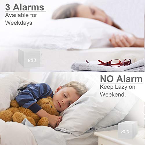 Digital Alarm Clock, With Wooden Electronic Led Time Display, 3 Alarm, 2.5-Inch Cubic Small Mini Wood Made Electric Clocks For Bedroom, Bedside, Desk, White #TOP4