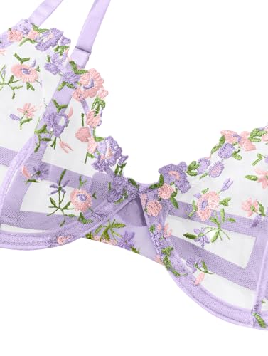 Image of Lilosy Sexy Floral Embroidered Mesh Sheer Underwire Lingerie Set