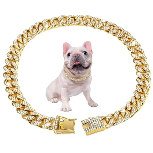 Collare per cani a maglia cubana 17.7'' Catena a maglia cubana per cani Catena in oro con diamanti in lega per Collare bling Gioielli per per gatti Regali per cuccioli
