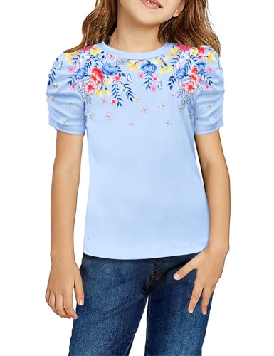 Image of Arshiner Girls Puff Short Sleeve Shirts Summer Ribbed Knit Crewneck T Shirt Tops Tee Blouse