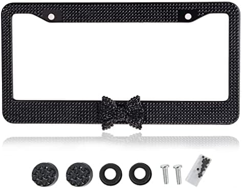 Fashion Premium Handmade Crystal License Plate Frames,Waterproof Bling License Plate Covers,US Universal Rhinestone License Plate Holder for Women(1 Frame,Black Frame Black Bowknot)
