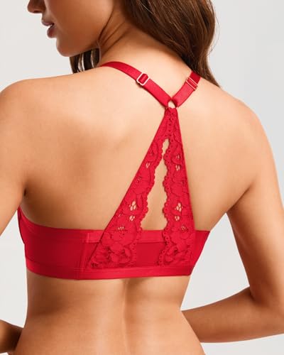 Image of DOBREVA Women's Front Closure Push Up Bra Underwire | Floral Lace, Racerback, Sexy, Cleavage, Padded, Plunge, Party, Date, Supportive