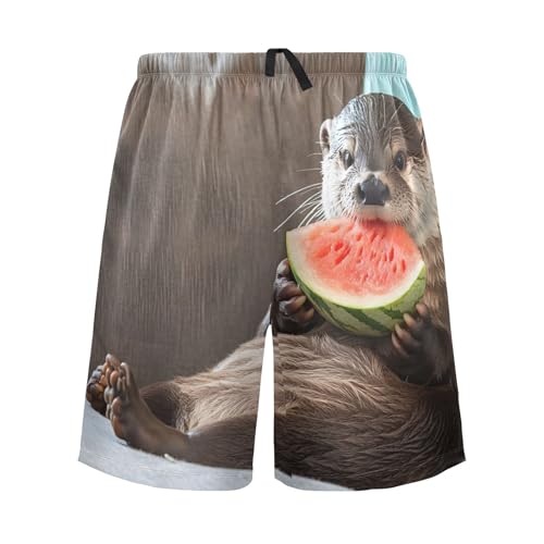 Mens Sleep Shorts Otter with Watermelon Print, Elastic Pajama Short Pants with Pockets Drawstring S