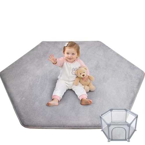 Thick Hexagon Playpen Mat 65x56 Inch Baby Play Mat for Floor Soft Support & Plush Feel Foam Mats Play Tent Mats for Infant Kids and Toddler Crawling Non-Slip Back for Indoor Playhouses(Light Grey)