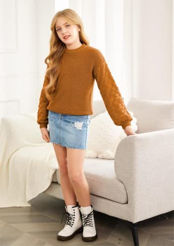 Image of Arshiner Girls Crewneck Sweaters Chunky Lantern Sleeve Knit Jumper Tops Casual Drop Shoulder Pullover Outwear for 5-13 Years