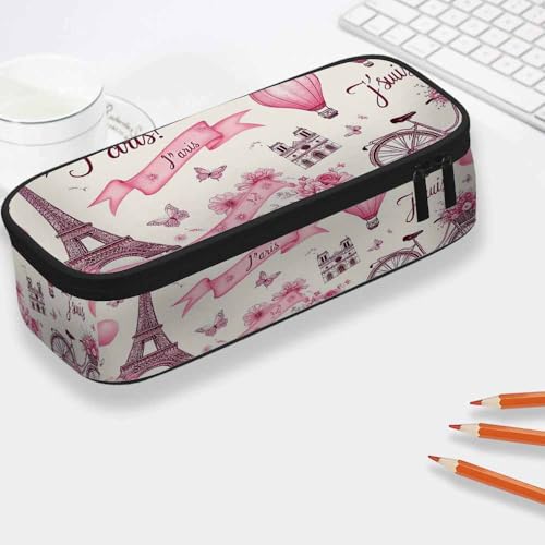 Image of Yekiua Paris Symbols Eiffel Tower Pen Bag Balloon Bike Romantic Travel Vintage Large Pencil Case Big Capacity Pencil Pouch Pencil Holder