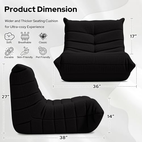 Image of HABUTWAY Bean Bag Chairs Fireside Lazy Floor Sofa,Single,Black | Soft Teddy Fleece Bean Bag Sofa with High-Resilience Foam Filling,Beanbag for Living Room, Bedroom, Office