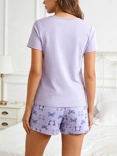 Image of VENTELAN Pajama Set For Women Cute PJS Summer Short Sleeve Shorts Sleepwear