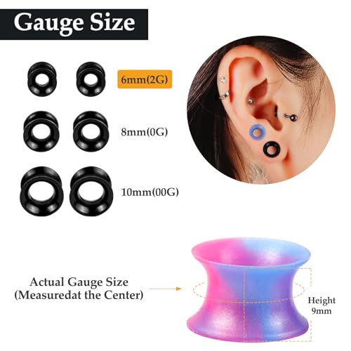 WINSENET 20 Pairs Silicone Ear Gauges Flexible 2G Ear Tunnels Gauges Soft Expander Ear Plugs Double Flared Earring Pierings for Men Women 6MM - Thumbnail 2