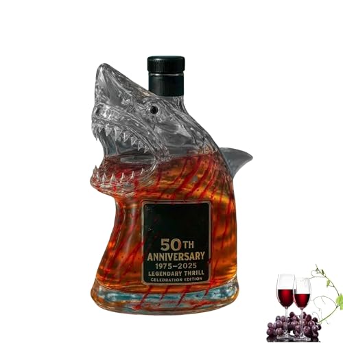 Mkasbn Jaw 50th Anniversary Whiskey Shark Statue Wine Bottle, Unique Transparent Engraved Animal Shape Glass Shark Whiskey 320ml Bottle for Whisky Lover Mens Birthday Gift Ideas (1)