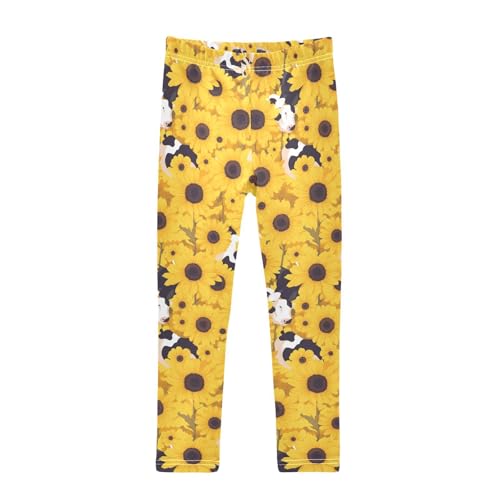 KLL Black White Cow Print Sunflowers Toddler Girls Cotton Pants Soft High Waisted Leg Yoga Pants Sports