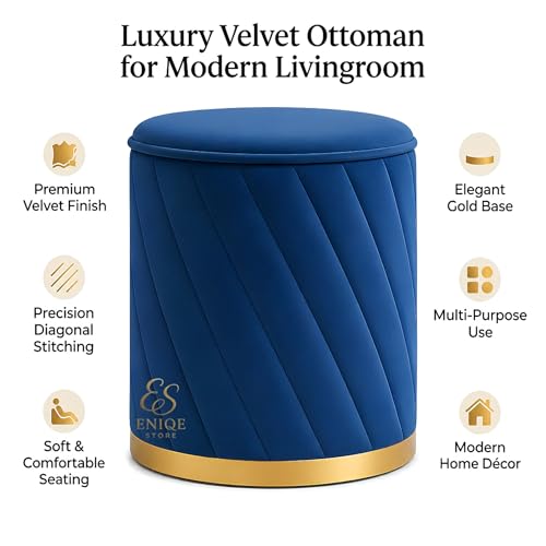 Image of Luxury Round Velvet Ottoman Stool with Gold Base - Modern Upholstered Footrest Pouffe, Tufted Vanity Seat, Living Room Bedroom Dressing Stool (Blue)