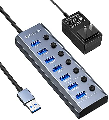 Powered USB 3.0 Hub, Elecife 8-Port Powered USB Hub, Aluminum USB Splitter with 6 USB 3.0 Data Ports, SD/TF Card Readers, Individual On/Off Power Switches and 5V/3A Power Adapter (40 inch)