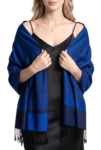 Achillea Women's Two Tone Vintage Jacquard Paisley Pashmina Shawl Wrap Scarf (Deep Blue Black)