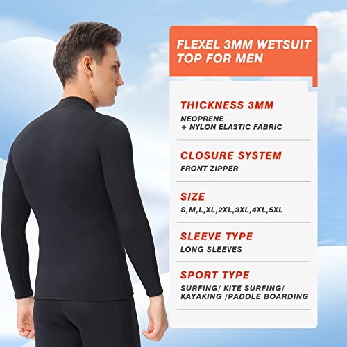 Flexel Wetsuit Top For Men 3Mm, 2Mm Neoprene Wet Suit Jacket Front Zip Long Sleeve Keep Warm In Cold Water For Surfing Swimming Snorkeling And Kayaking (3Mm Black, Medium) #TOP2
