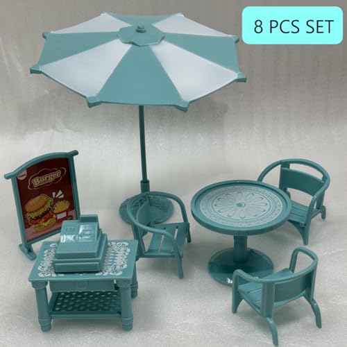 KARLOR Miniatur Sonnenschirm Tisch Stühle Set, 8 Stück Puppen Gartenmöbel Set, Puppenhaus Parasol Tisch Stühle Werbetafeln Kassen, Puppenhaus Möbel Salon Gartenlounge