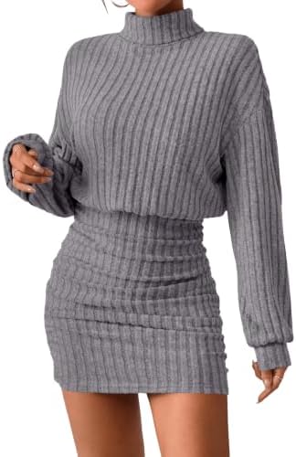 Saodimallsu Damen Strickkleider Minikleid Langarm Rollkragen Kleid | Winterkleider Laterne Ärmel Bodycon Mini kleid Strick Pulloverkleid Herbst Rippen Sweter