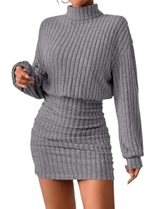 Saodimallsu Damen Strickkleider Minikleid Langarm Rollkragen Kleid Grau M