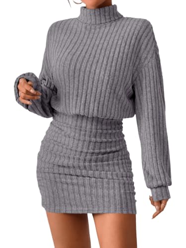 Saodimallsu Damen Strickkleider Minikleid Langarm Rollkragen Kleid Grau L