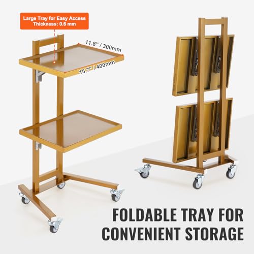 Image of VEVOR Multifunctional 2 Tiers Foldable Medical Trolley Carton Wheels, Gold 2-Level Mobile Storage Tray Cart, Stainless Steel Rolling Lab Cart for Dental Tools, Cavitation Machine, Salon, Lab, Clinic