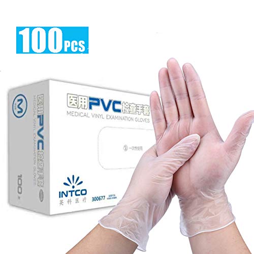 MATCC Guantes Desechables 100PCS Guantes de PVC Alta Elasticidad, Resistencia al Agua Aceite y Las Manchas Alto Agarre para Alimentos Limpieza de Trabajo Transparente L
