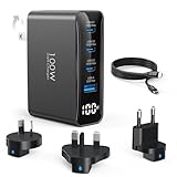 TOPADRE 海外旅行用 100W 充電器 国際変換プラグ4ヶ国対応 (EU/UK/US/AU)付属 GaN III コンパクト 折り畳み式 デジタル表示 4ポート 急速充電 PSE認証済み iPhone/Android/MacBook/iPadなど多機種対応