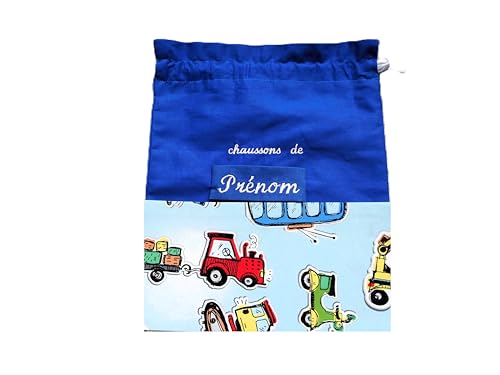 eliz-style-creation - Sac à Chaussons, Sac Garçon Enfant, Prénom Brodé, Sac Rentrée Ecole Crèche Maternelle, coton bleu, Véhicules Tracteur Bus