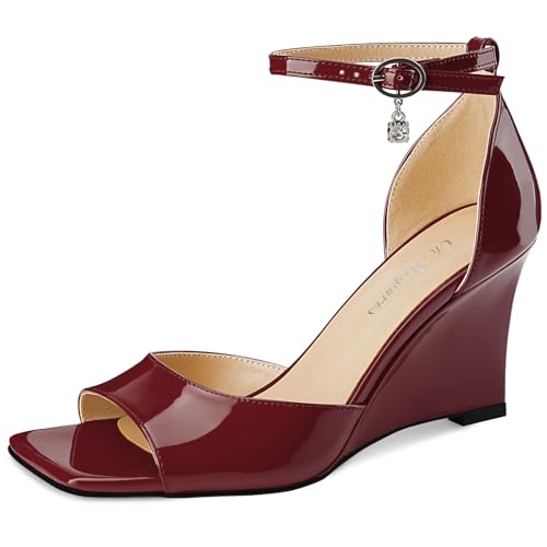 Oh Mispares Black Wedge Heels for Women Square Toe Sandals Ankle Strap 3.5 Inch Elegant Wedding Sandals for Brides