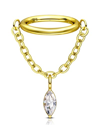 COCHARM 16g Titanium Dangle Chain Helix Earrings Gold Dangling Rook Hoop Piercing Jewelry, 8mm Dangly Chain Gold Helix Ring Surgical Steel Rook Earring for Women Men