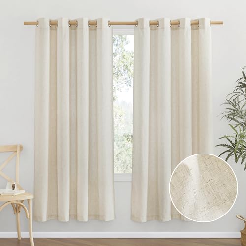 PONY DANCE Linen Curtains Natural, Thick Flax Sheer Curtains with Eyelet Light Filtering Privacy Protected Window Treatment Panels for Living Room, 55x72-Inch, 2 Panels