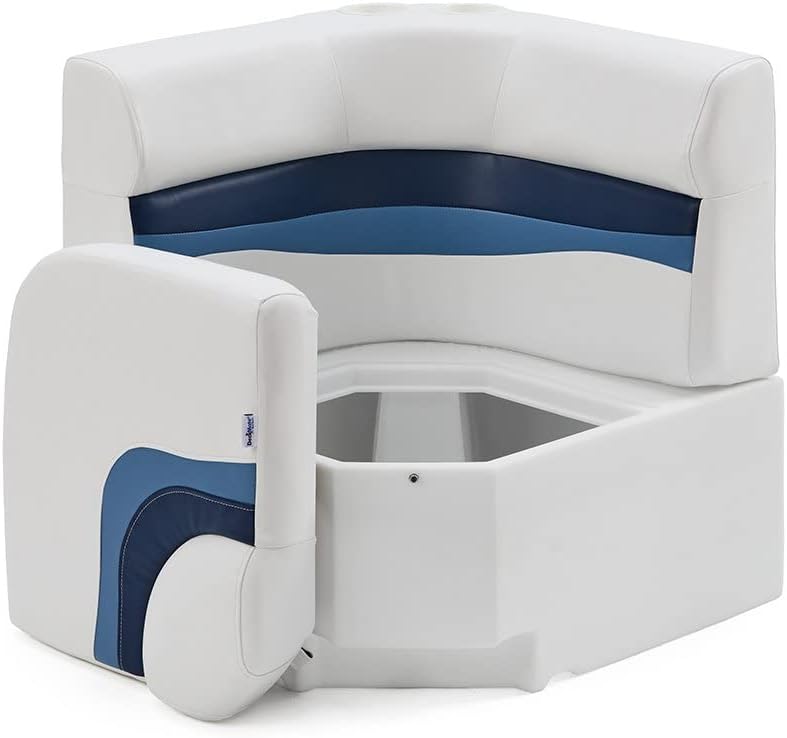 DeckMate Complete 28" Corner Classic Pontoon Boat Seat Bench and Base - White, Blue and Light Blue