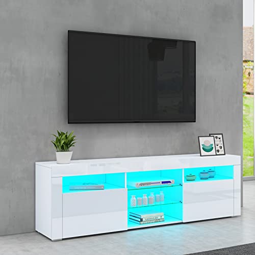 1600mm LED TV Schrank TV Lowboard Modernes Hochglanz TV Ständer Aufbewahrungselement mit 2 Türen & Glasböden Sideboard für Wohnzimmer Schlafzimmer Möbel, Weiß Cover