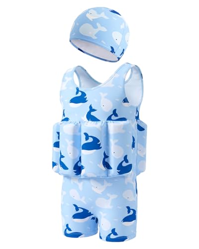 Image of DivingBirds Toddler Floatie Swimsuit with Hat for Boys Girls, Sleeveless Swim Suit with Floatation, 1-6Y