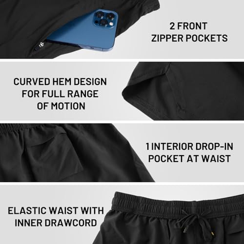 MIER Mens 5 Inch Inseam Shorts with Pockets Elastic Waist Gym Athletic Running Shorts, Lightweight, Quick Dry, Black, M