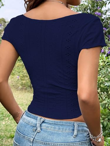 Image of Sugathari Girl's & Women's Beige Eyelet Embroidery Knitted Square Neck Casual Slim Fit Women T-Shirt, Short Sleeve Schiffli Crop Top, Solid Color Tee for Spring /Summer Outfits (Crop Top 195)