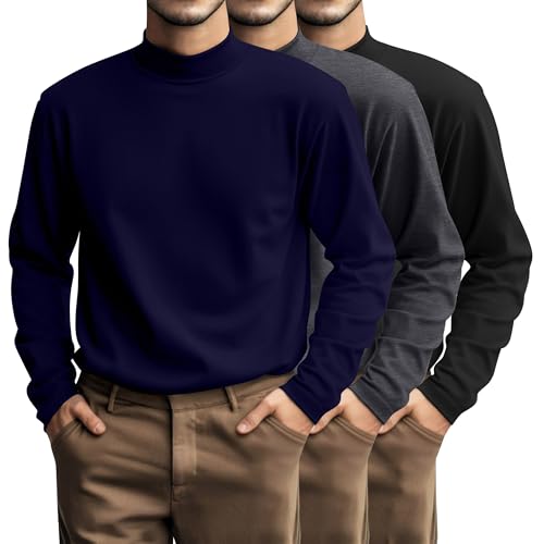 Riyiper 3 Pcs Plus Size Men's Mock Turtleneck Shirt Long Sleeve Turtleneck Pullover Casual Undershirt Basic Base Layer