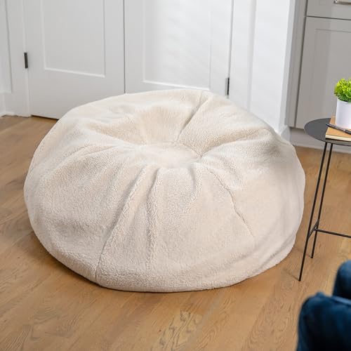 EMMA + OLIVER Denver Sherpa Bean Bag Chair, Classic Refillable Bean Bag Chair for Kids and Teens, Large, Natural