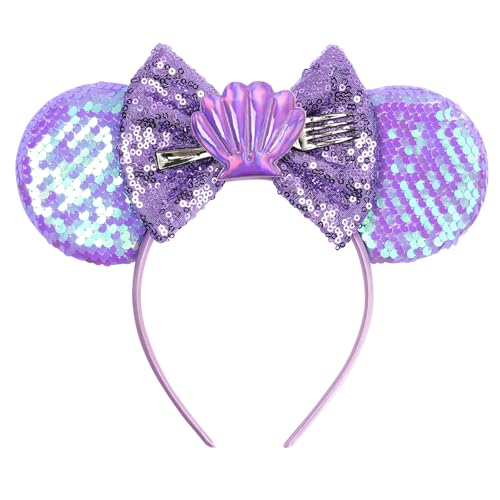 bianbaistar Purple Mermaid Style Mouse Ears Headband with Shell Fork Decor Stretchy Sequin Hair Hoop for Adults & Women Ocean Theme Accessory for Theme Park Party Cosplay