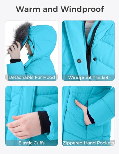 Image of wantdo Girls Winter Coats Long Puffer Jackets Fleece Lined Removable Hood | Detachable Faux Fur, 5000mm Waterproof, Zippered Pockets, Machine Washable