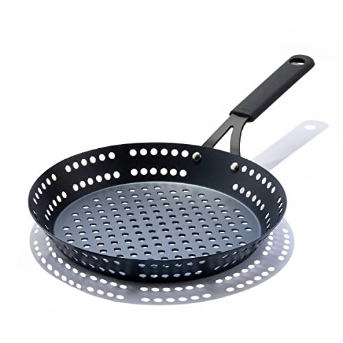 OXO Obsidian Pre-Seasoned Carbon Steel, 12' Frying Pan Skillet with Holes for Grilling with Removable Silicone Handle Holder, Induction, Oven Safe, Black