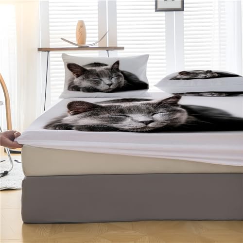 Drap housse imprimé chat gris matelas respirant antidérapant - 4