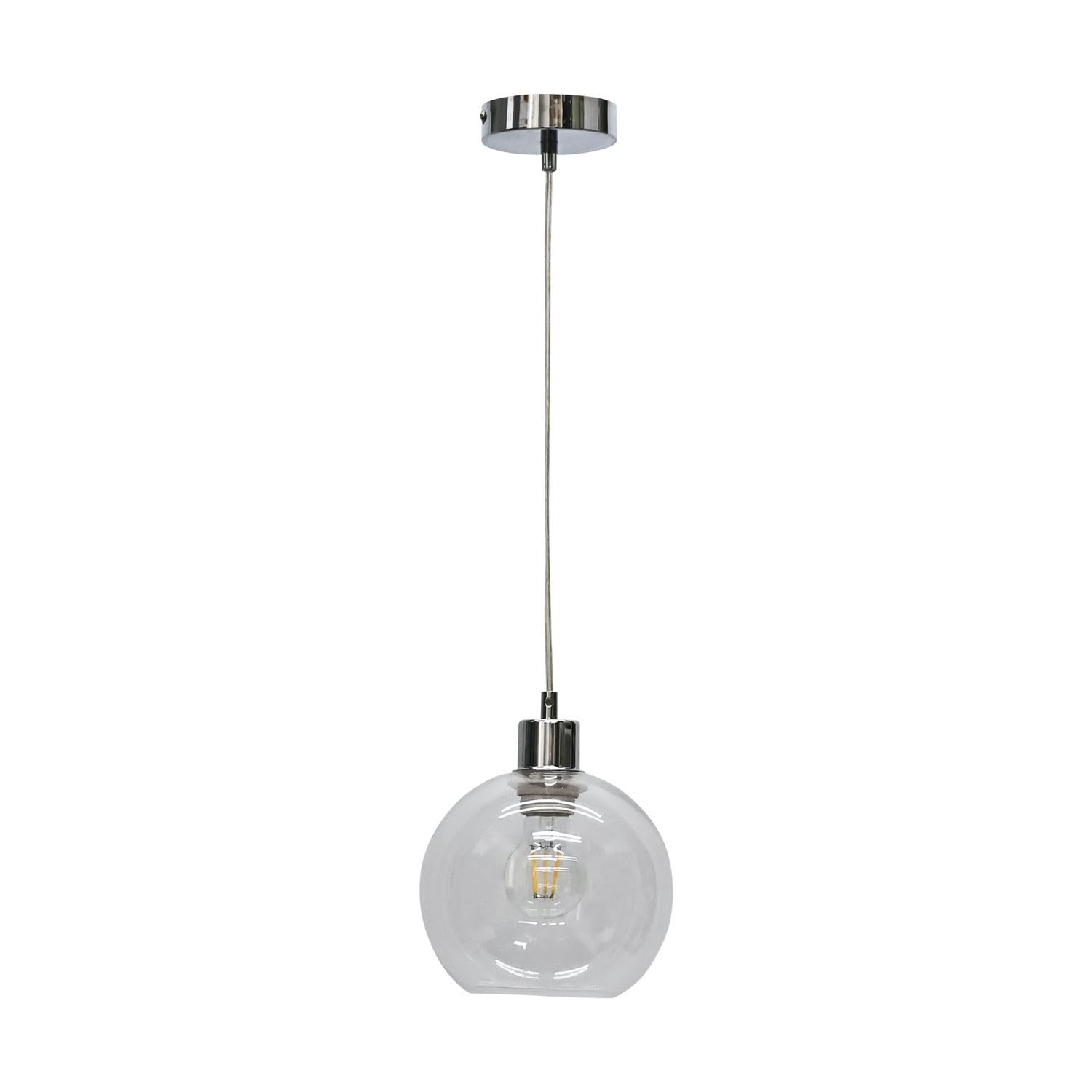 Firstchoicelighting Chrome & Clear Clear Glass Globe Ceiling Light Pendant With Chrome Details And Clear Cable, Height Adjustable 23-130Cm, Kitchen Island Dining Lighting