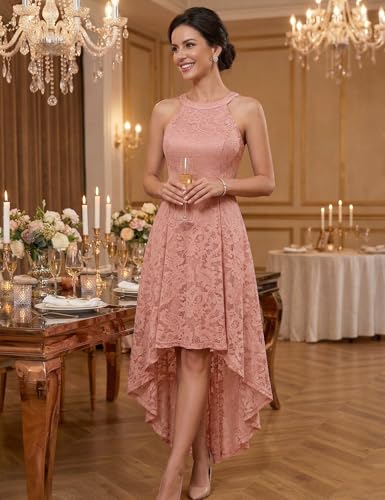 Image of Dressystar Women Halter Lace Wedding Guest Dress Hi-Lo Cocktail Party Bridesmaid Formal Dresses