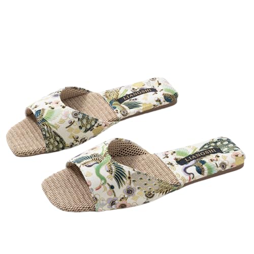 Retro Embroidered Slippers for Women Single Strap Slides Linen Upper Soft TPR Anti-Slip Soles Indoor Slippers